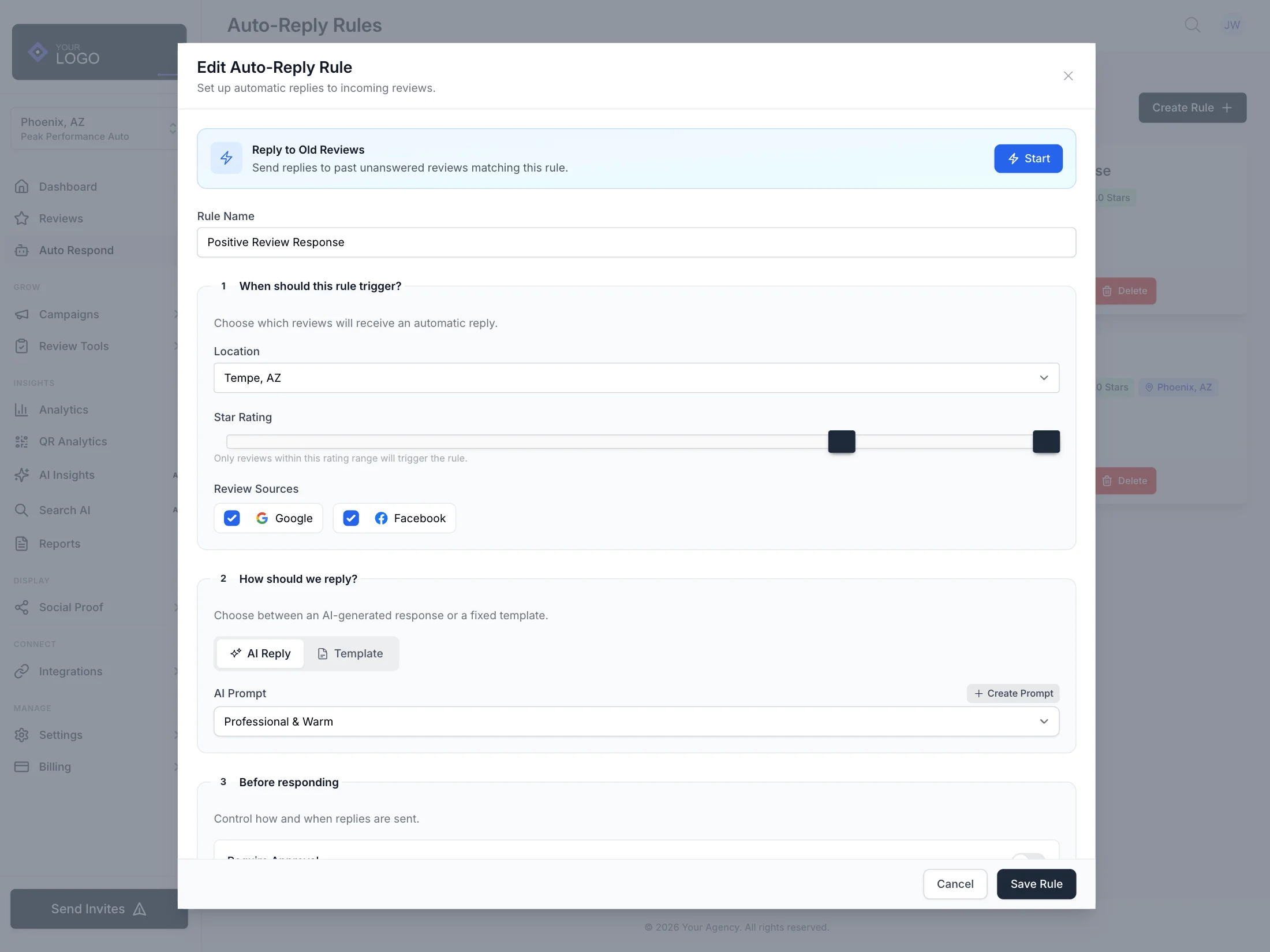 Auto-respond rules configuration with star rating filters, platform selection, and AI prompt assignment