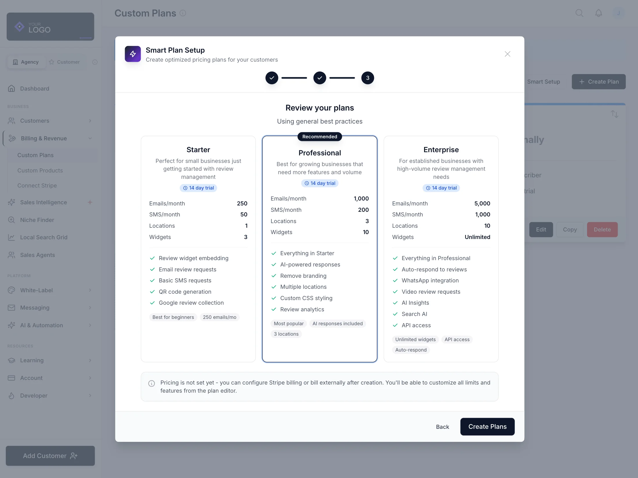 Custom plan builder with feature toggles, pricing tiers, and Stripe billing configuration