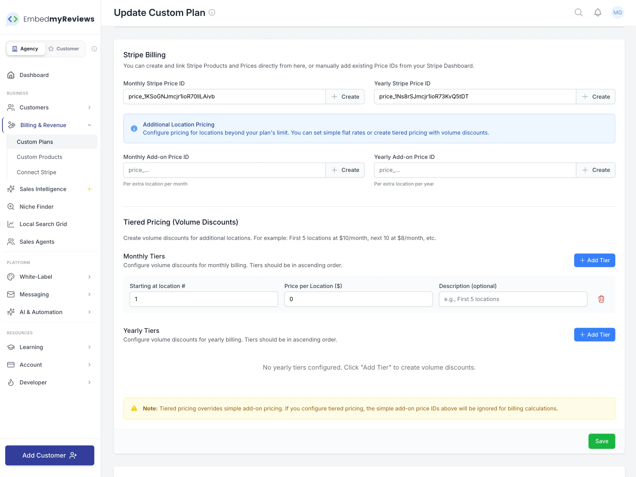 Add-on location pricing configuration with per-location billing tiers and Stripe integration