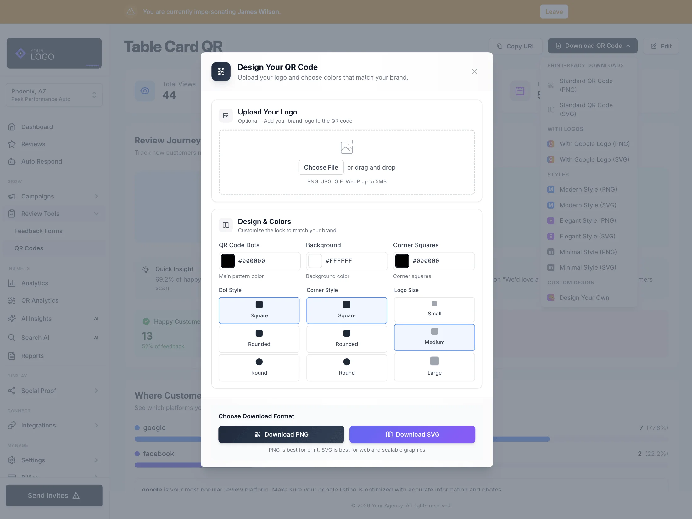 Four QR code styles side by side: Default, Modern, Elegant, and Minimal